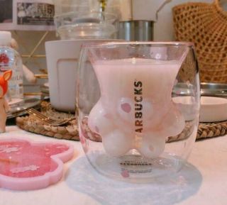 Sakura Cat Paw Glass Cup Coffee Milk Mug Pink Cat 