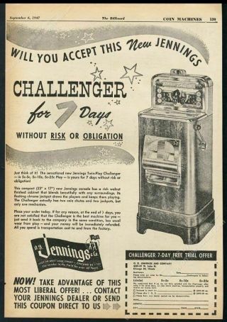 1947 Jennings Challenger Slot Machine Photo Vintage Trade Print Ad