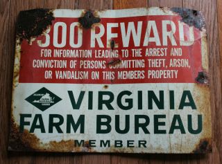 Vintage 12 " X16 " Virginia Farm Bureau $300 Reward Metal Sign,  Rusty Gold,  Mancave