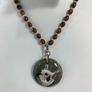 Frenchie French Bulldog Dog Necklace Handpainted On Agate Pendant Pearl 15.  5”