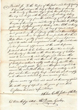1814,  Swansea,  Mass; Negro Woman Charged With Theft Of Factory Cotton,  Signed