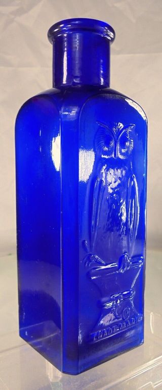The Owl Drug Co.  Bath Salts Bottle.  Cobalt Blue.  Grandpappy Owl.  6 "