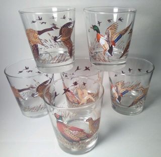 Set Of 6 Vtg Hunting Birds Low Ball Whiskey Barware Pheasant Goose Duck Glasses