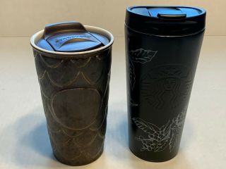 Starbucks Ceramic Travel Mug Brown Mermaid Golden Scales 10oz And Black 2016