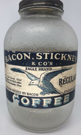 Bacon Stickney & Co Eagle Brand Glass Coffee Jar Antique Albany Ny Collectible