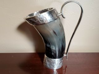Ornate 9 " Horn Viking Beer Tankard Beaker With Silver Trim Handle Stamped 800
