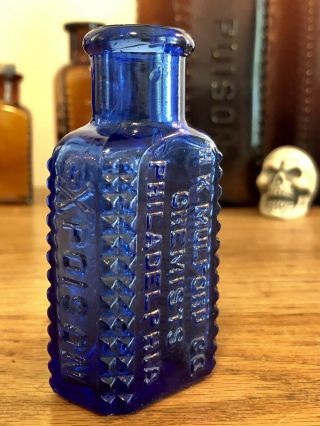 Antique Cobalt Blue Poison Bottle With Skull & Crossbones Kr - 6