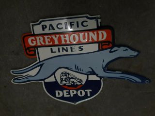Porcelain Pacific Grey Hound Enamel Sign Size 20 " X 12.  75 " Inches