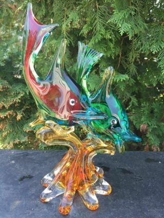Mid - Century Italian Murano Glass Double Fish Sculpture - M 39