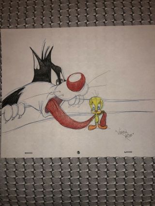 Virgil Ross Sketch Sylvester And Tweety Bird Signed 12.  5x10.  5” Loony Tunes Art