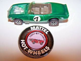 1969 Hot Wheels Redline Light My Firebird Green Spoiler Hk Base With Pin Badge