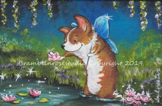 Welsh Pembroke Corgi Painting Fairy Dog Puppy Collectible Art Gift
