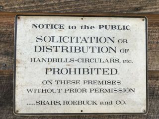 Antique Sears,  Roebuck And Company No Solicitation / Handbills Warning Sign 1965