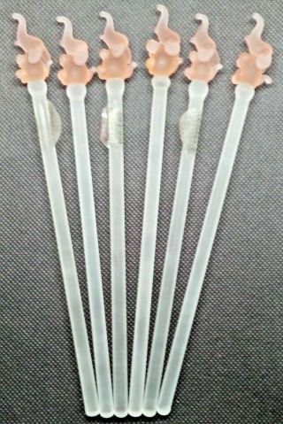 Set Of 6 Handblown Dancing Pink Elephant Frosted Glass Drink 7 " Swizzle Sticks