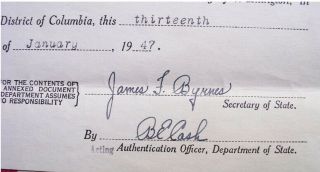 USA Secretary of State JAMES F BYRNES SIGNED Official document IRAQ 1947 2