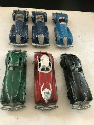 6 Old Antique Manoil Metal Die Cast Toy Cars Roadsters Rubber Tires 707 708