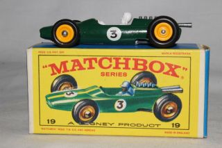 Matchbox Lesney 19d Lotus Racing Car,  Green,  Yellow Hubs,  Boxed