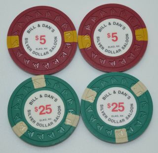 Set Of 4 Silver Dollar Saloon $5 - $25 Casino Chips Elko Nevada Hhr Mold