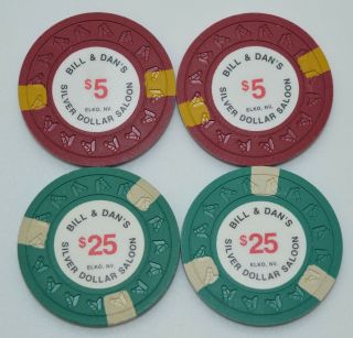Set of 4 Silver Dollar Saloon $5 - $25 Casino Chips Elko Nevada HHR Mold 2