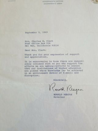 President Ronald Reagan Signed Letter As Governor Dated Sept 5,  1969