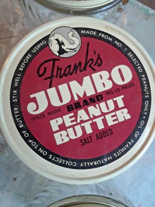 3 Vintage 1 lb size Franks Jumbo Peanut Butter Jars Lid Cincinnati Ohio 5
