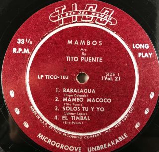 Tito Puente And His Orchestra 1952 Mambos Vol 2 Rare Tico - 103 10” 33 Rpm