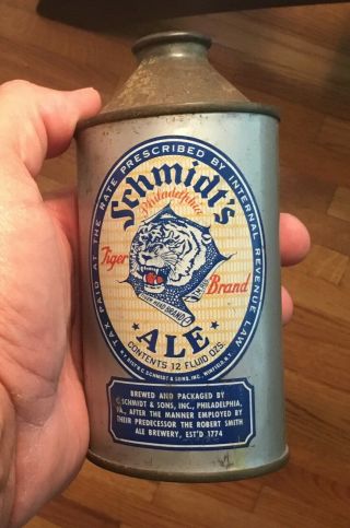 Old Schmidt’s Tiger Brand Ale Cone Top Beer Can Philadelphia Pa Advertising