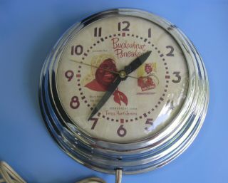 1956 Aunt Jemima Buckwheat Pancakes Chrome Case Electric Wall Clock Keeps Time