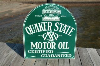 Old Style Quaker State Motor Oil Gas Tombstone 2 Sided Swinger Sign Made In Usa