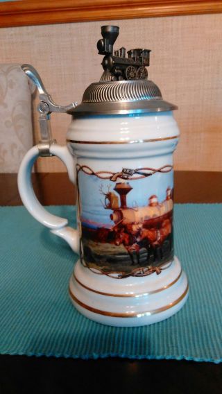 German Beer Stein With Pewter Train Lid.  Very Rare
