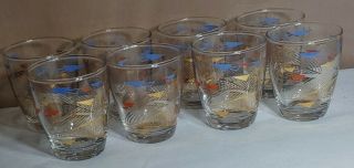 Complete Set Of 8 Vtg Mcm Barware Shot Glasses Atomic Mod Gold Orange Blue
