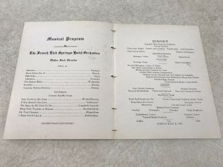 1931 French Lick Springs Hotel Menu & Orchestra - Home of Pluto Water 7 - 12 4