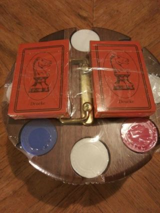 Vintage Drueke 506 Poker Clay Chip Set In Wood Carousel Holder W/ Card Deck