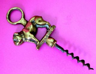 Antique Brass Hang Type Bottle Corkscrew,  Named Figure Of A Bulldog