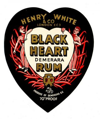1920s Henry White & Co,  London - Demerara,  British Guiana Black Heart Rum Label