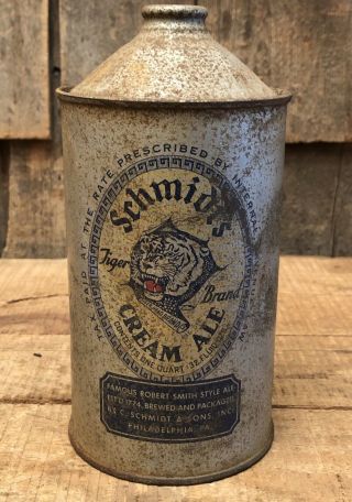 Rare Early Schmidt’s Cream Ale Cone Top Beer Can Tiger Advertising Man Cave