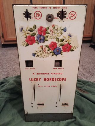 Vintage " Lucky Horoscope " Coin Op Vending Machine Trading Horoscope Cards