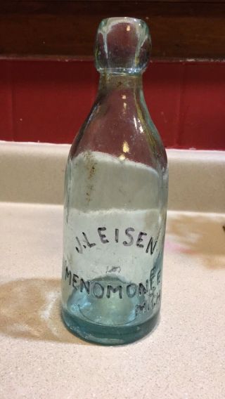 J.  Leisen Menomonee Michigan Mi Blob Top Soda Beer Bottle Antique