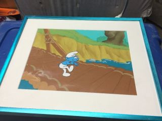 Smurfs Custom Framed Cartoon Animation Art Cel With Hand Painted Background