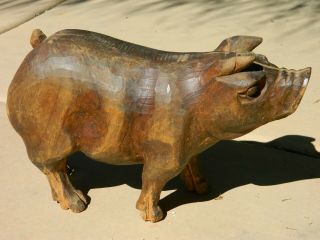 Large Vintage Hand Carved Wood Pig Wooden Display Folk Trade Advertising Rustic