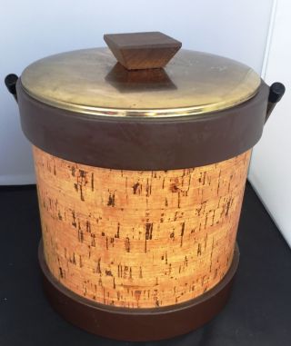 Vintage Cork Ice Bucket With Brown Leather Bands " G " On Bottom