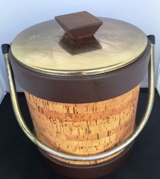 Vintage Cork Ice Bucket with Brown Leather Bands 