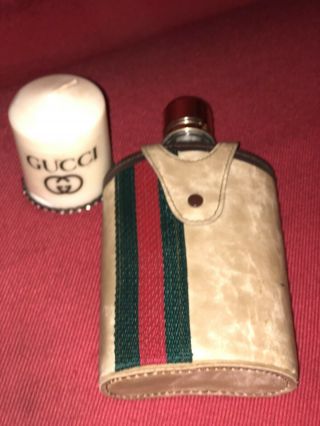 Gucci Flask With Shotglass - Leather Casing With Green Red Stripe Very Old