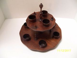 10 Pc.  Vintage Wood/wooden Shot Glasses & 2 Tiered Display/holder 9 Cups