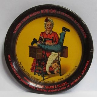 Early Home Sewing Machine N.  Y.  Tin Litho Tip Tray Ashtray Spanish Argentina