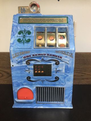 One Arm Banker Slot Machine Medley Manufacturing Co.  Coin Bank 9.  5 " Tall