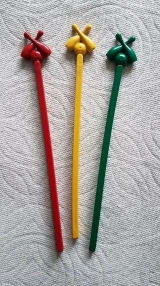 Vintage Bowling Ball Pins Swizzle Stir Stick Drink Stirrer Red Yellow Green 3