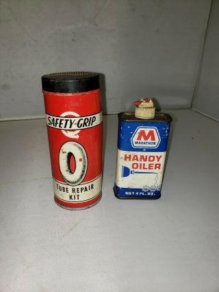 Vintage Marathon Oil Can Handy Oiler And Safety Grip Tube Repair Can