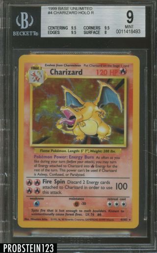 1999 Pokemon Base Unlimited 4 Charizard Holo R Bgs 9
