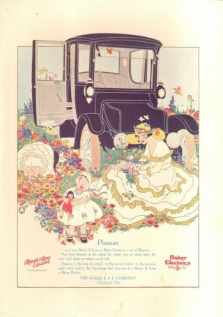 1915 - 16 Rauch & Lang Bakers Electric Car Ad Pleasure In The Garden Orig Vint